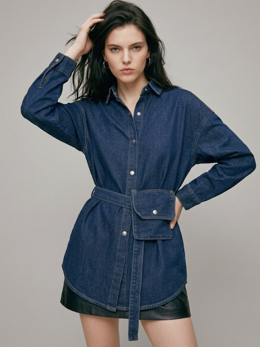 Navy Blue Oversized Shirt With Belt Pocket