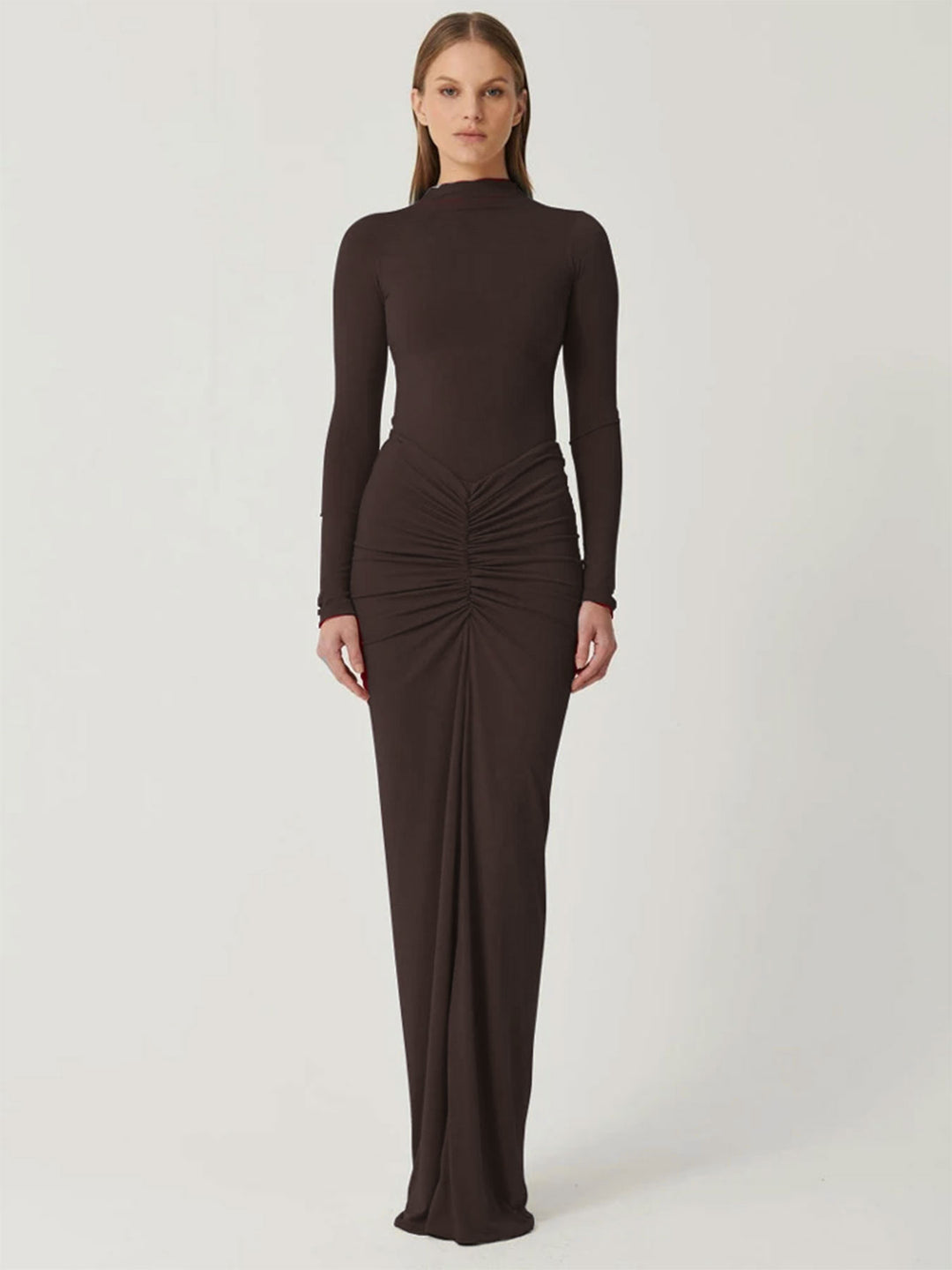 Brown High Neck Bodycon Maxi Dress