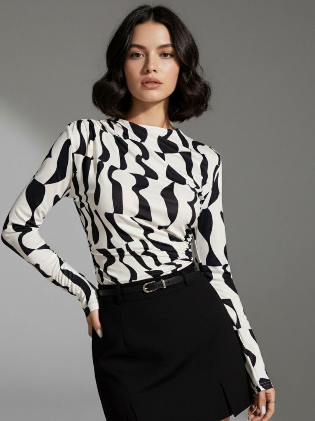 Off White Full Sleeve High Neck Printed Top
