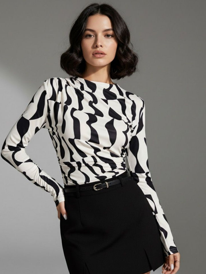 Off White Full Sleeve High Neck Printed Top
