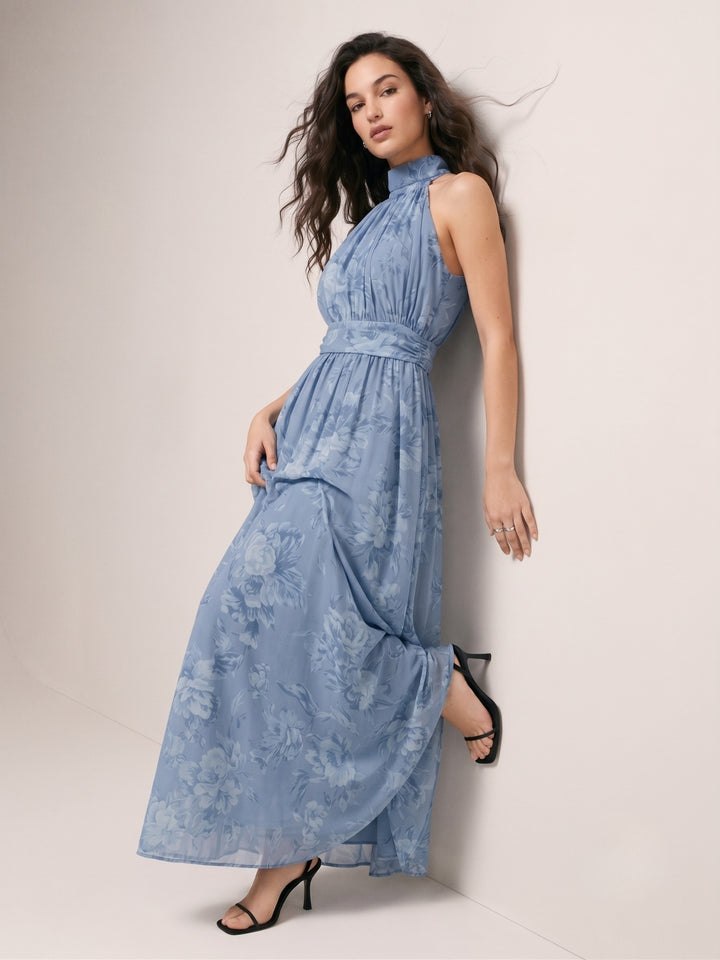 Blue Halter Neck Printed Dress With Cinched Waist