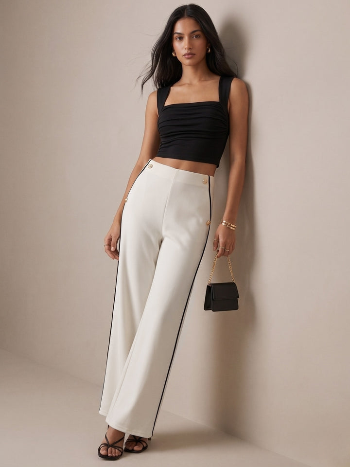 White Contrast Trim Wide Leg Trousers
