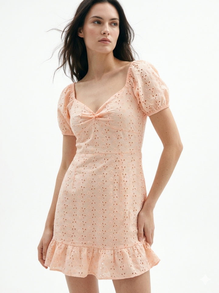 Peach Sweetheart Neck Schiffli Dress