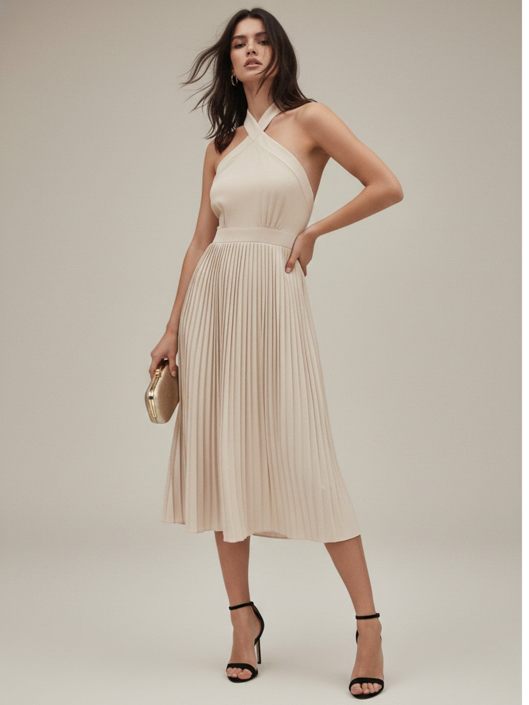 Cream Cross Halter Flared Dress