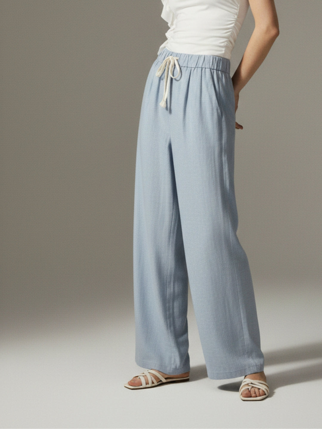 Blue High Waist Drawstring Attached Pleated Pant