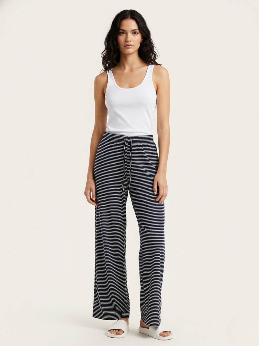 Blue Striped Drawstring Wide Leg Trousers