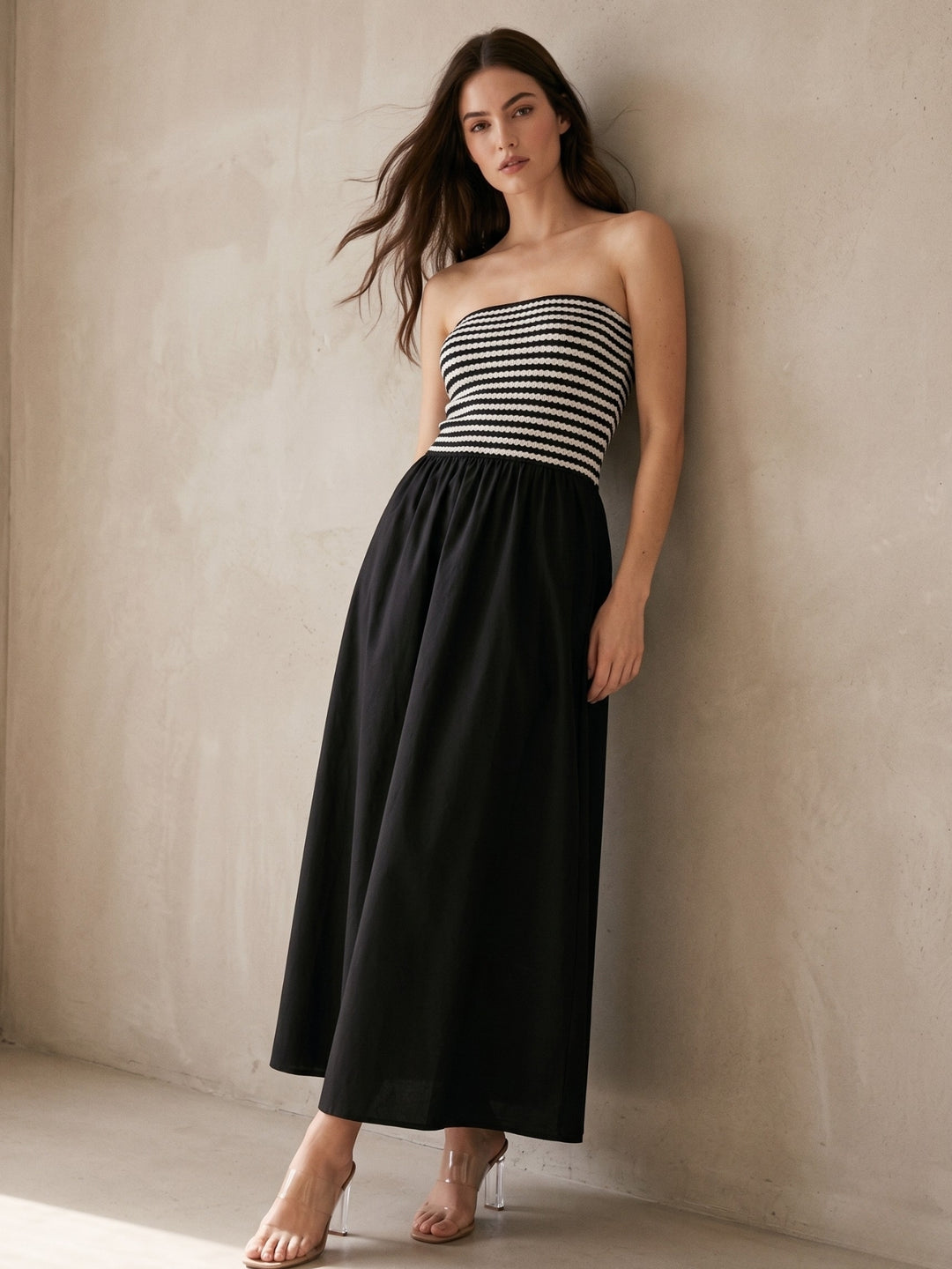 Black Tube Striped Flared Dress
