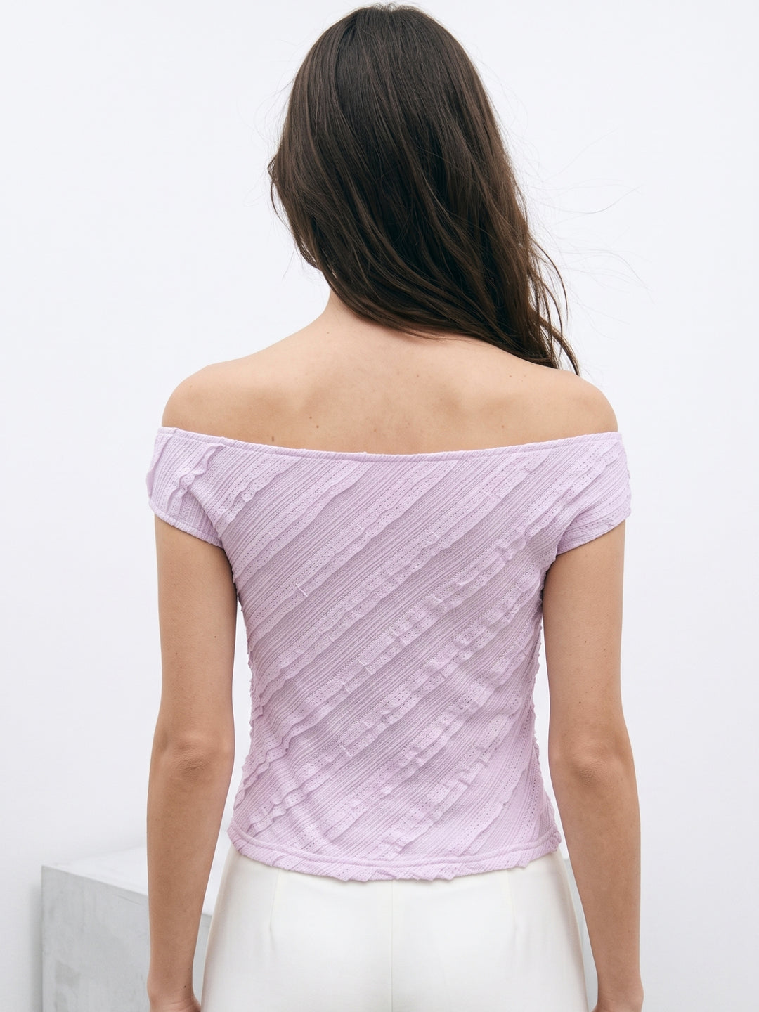 Lavender Off Shoulder Frill Textured Top