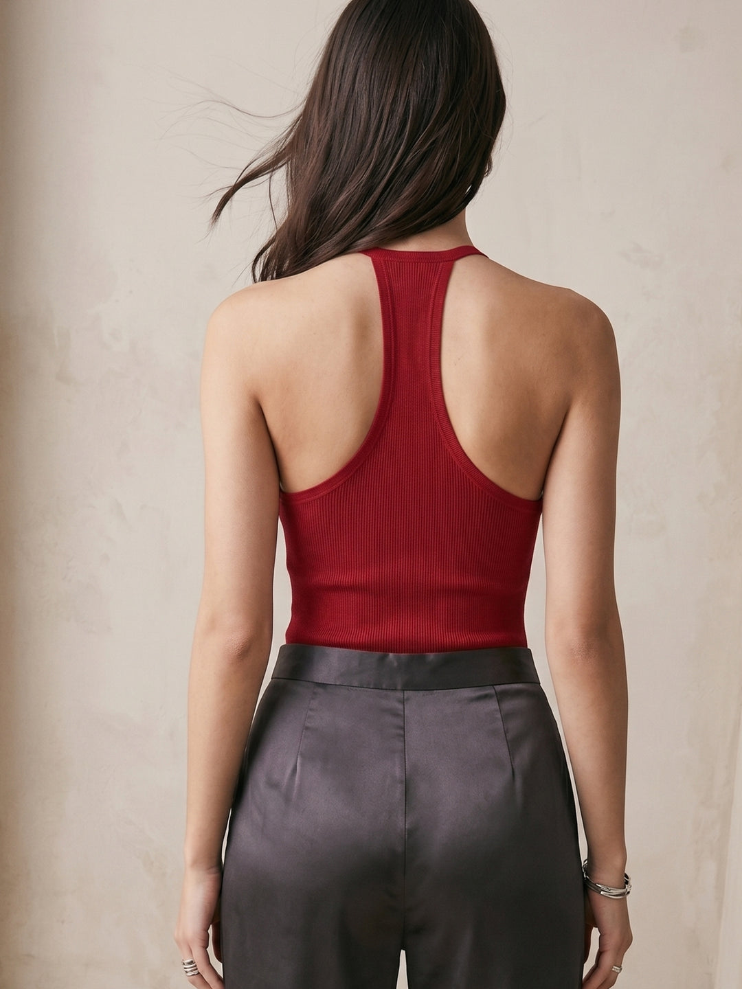 Burgundy Halter Neck Fitted Tank