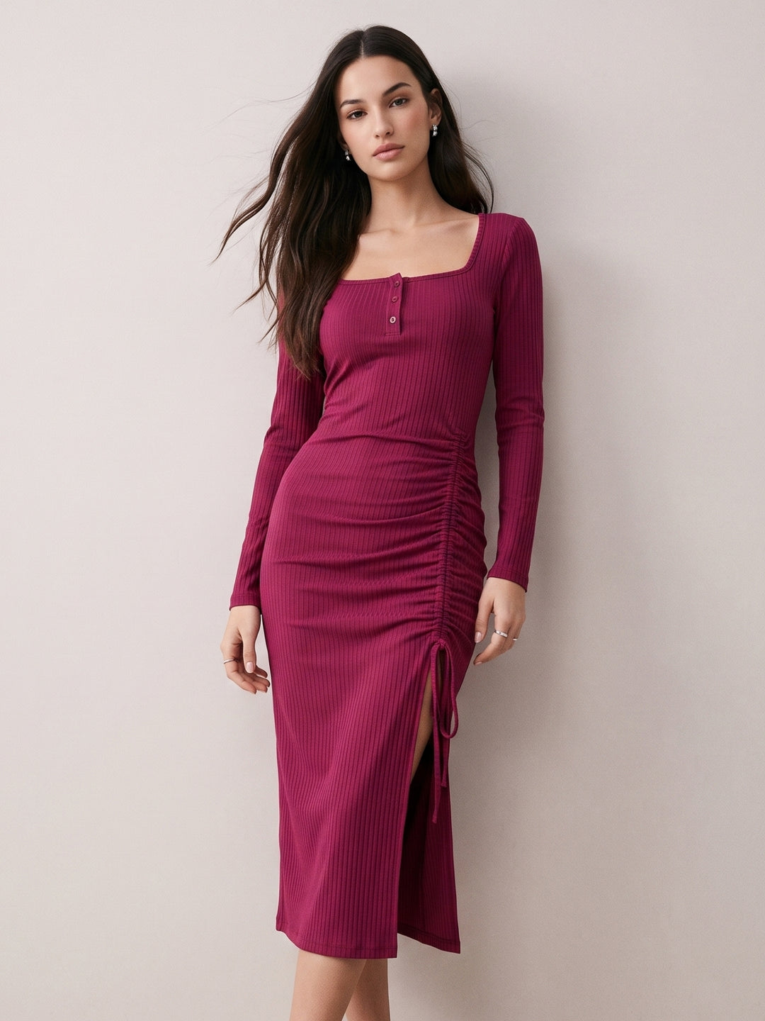 Wine Full Sleeve Side Ruched Dress