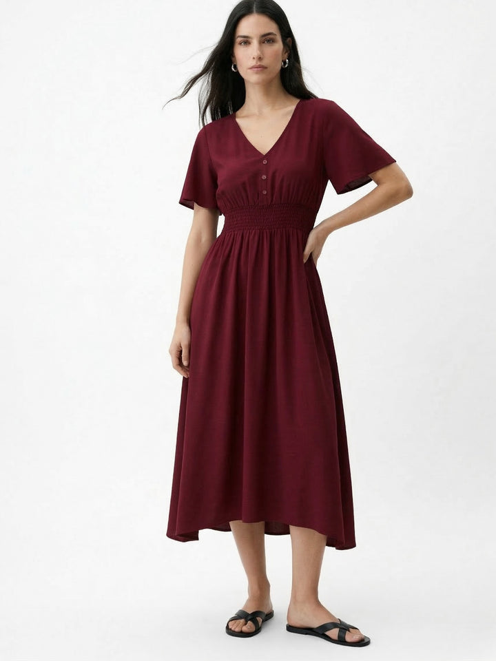 Maroon Ruffle  Sleeve Tiered Dress