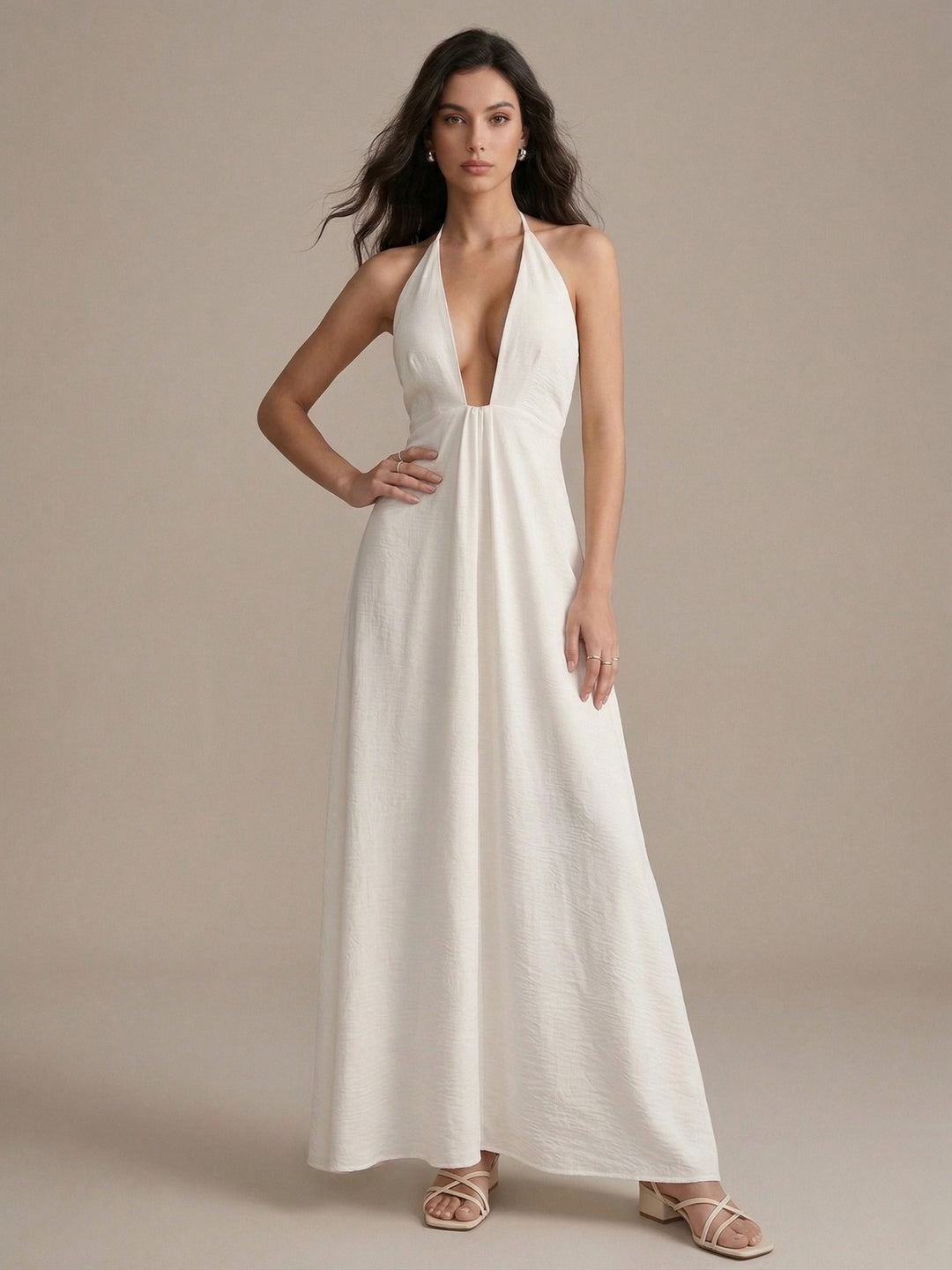 White Halter Neck Solid Dress