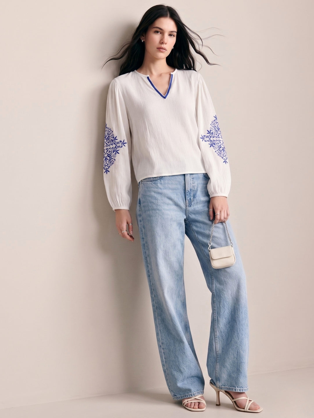 White Puff Sleeve Embroidered Blouse