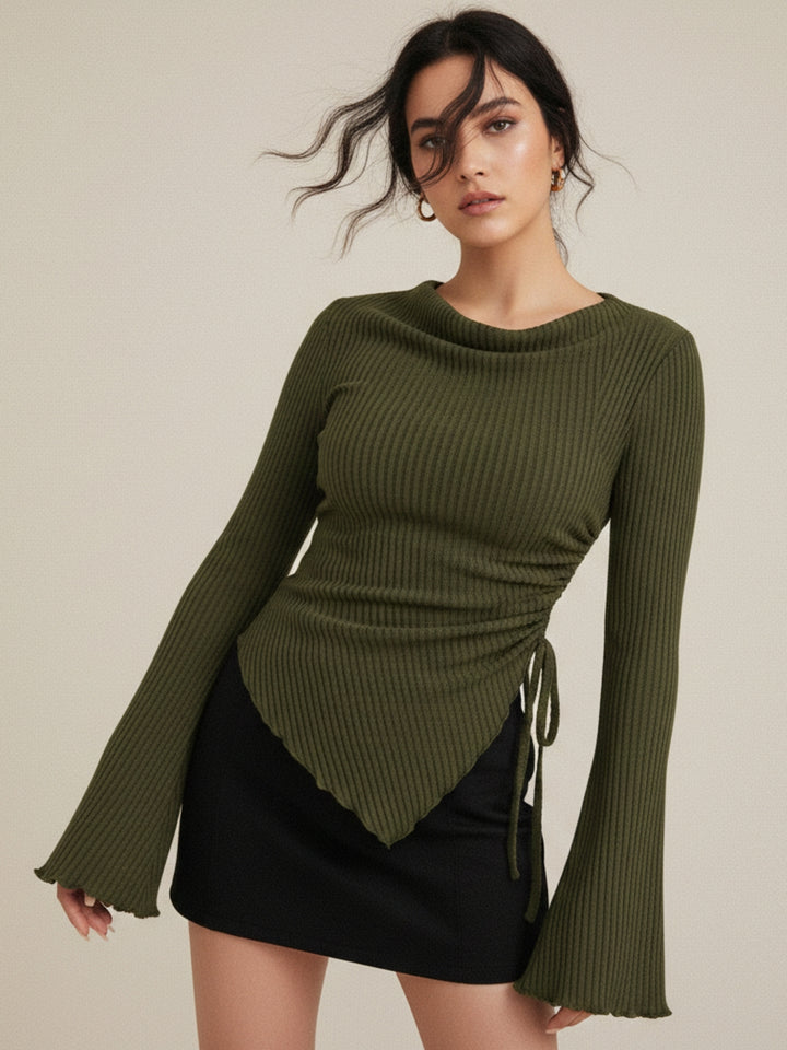 Olive Asymmetric Hem Side Ruched Top