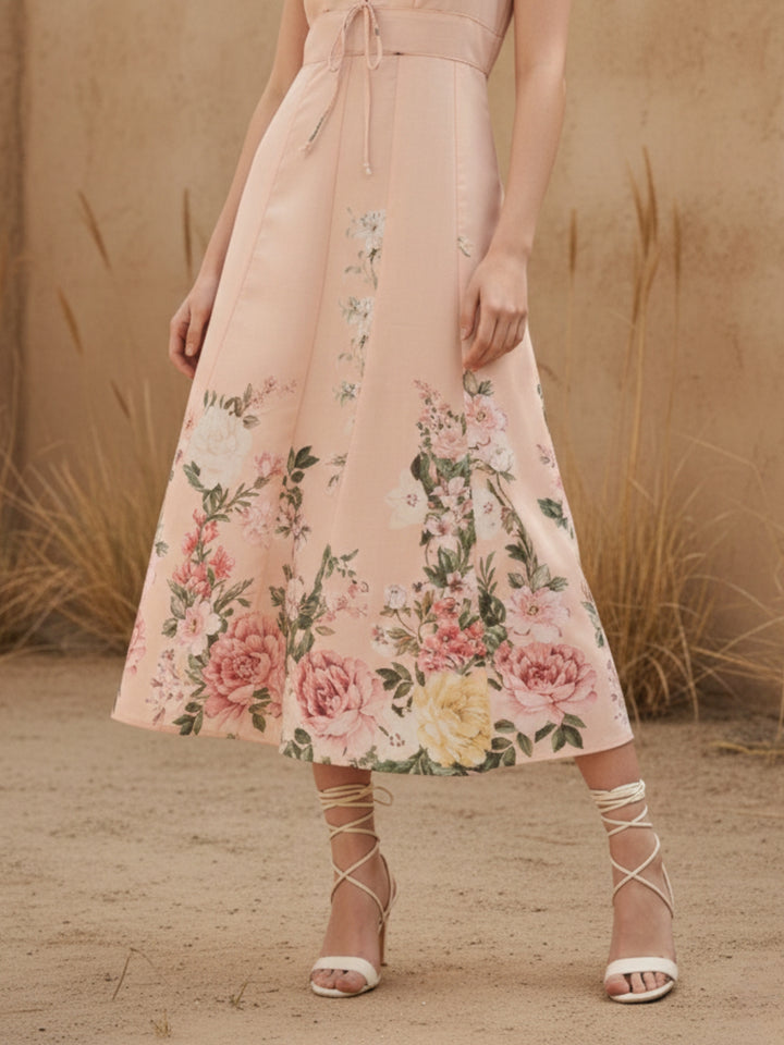 Pink Midi Printed Dress With Bow Tieup Detail