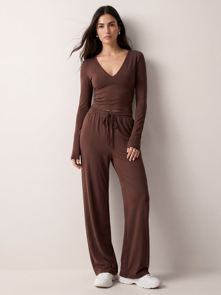 Brown Solid Full Sleeved Top And Trousers Co-Ord Set
