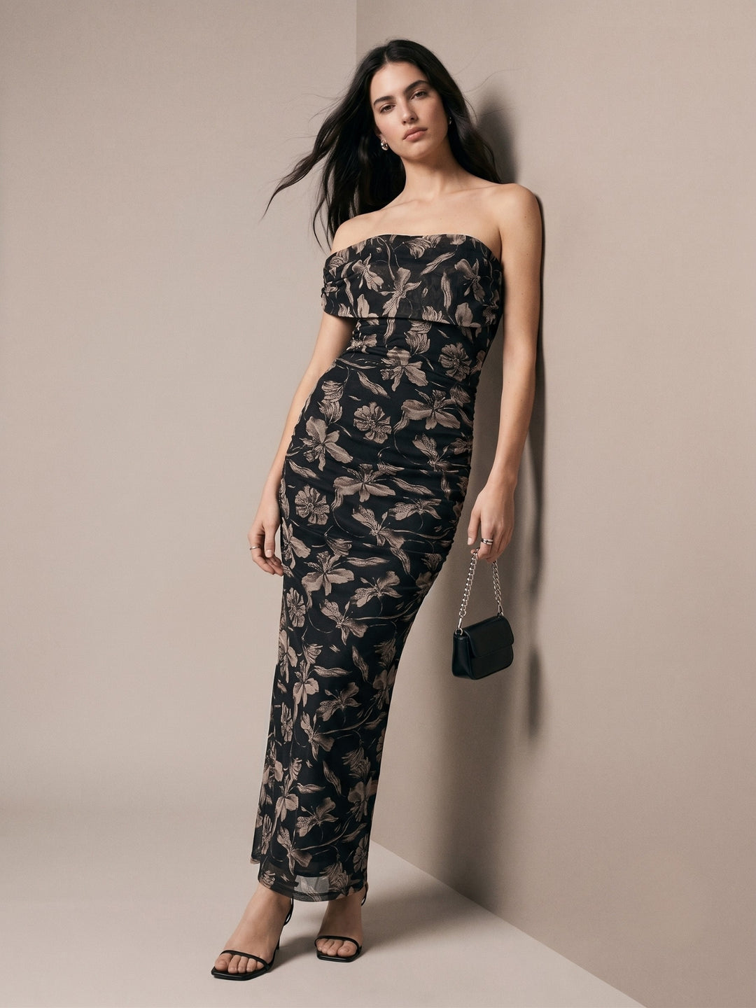 Beige Floral Print One-Shoulder Maxi Dress
