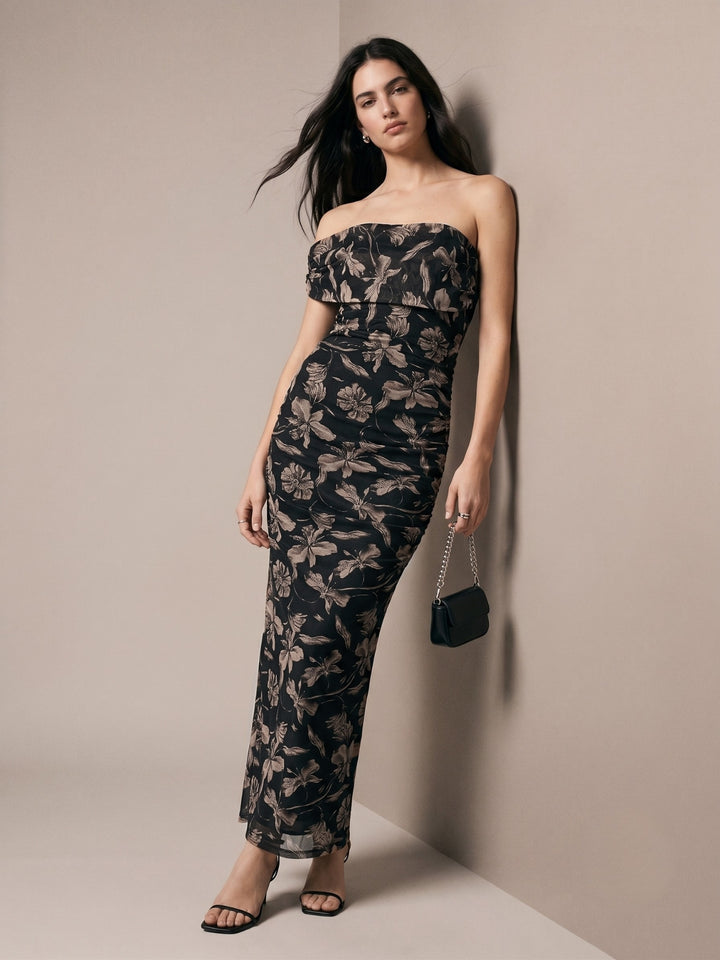 Beige Floral Print One-Shoulder Maxi Dress