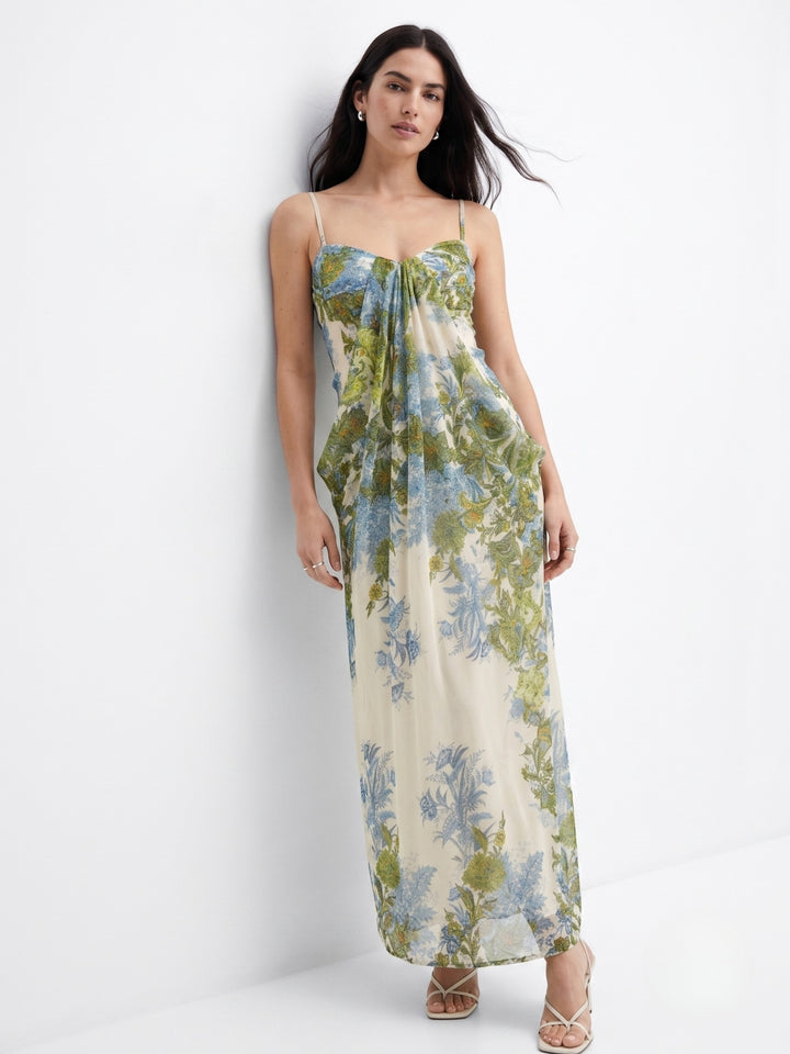 Blue Printed Draped Tube Dress
