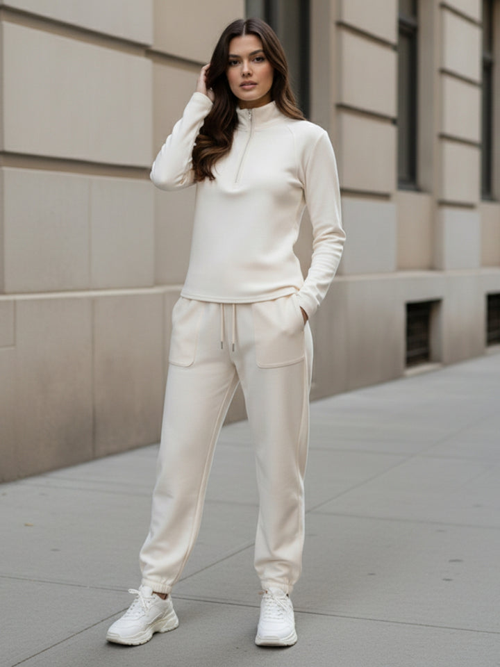 Cream Full Sleeves Half Zip Sweatshirt