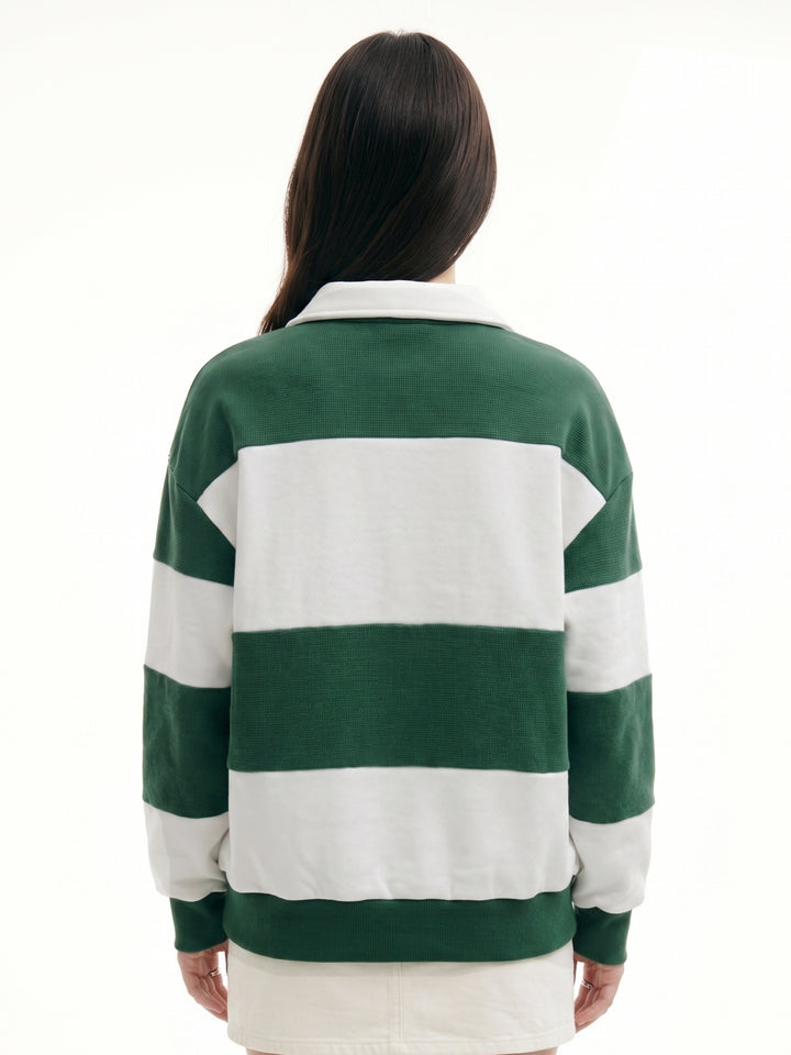 Multi Striped Varsity Graphic Printed Collared Half Zip Up Sweatshirt