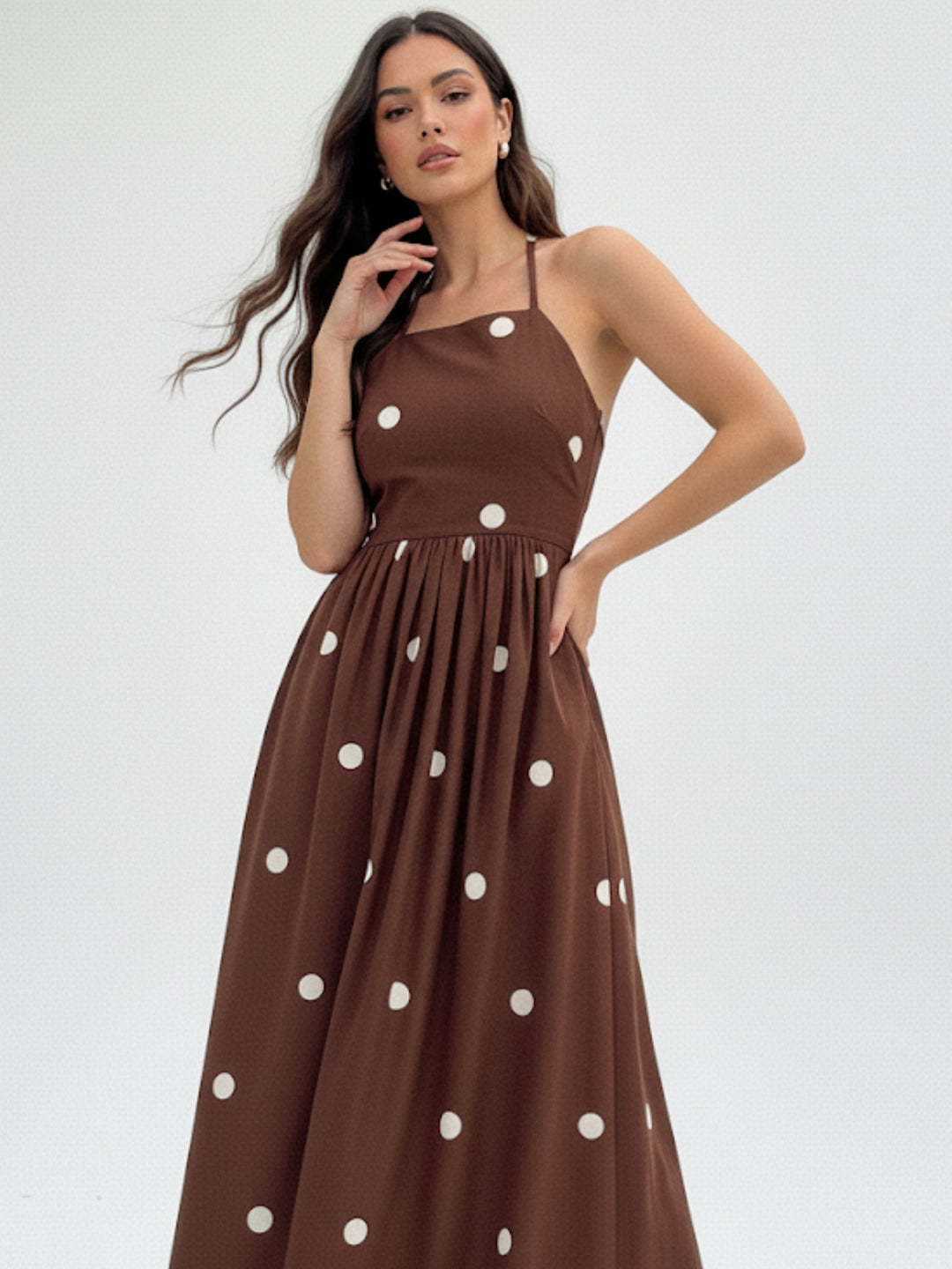 Brown Polka Printed Flared Dress