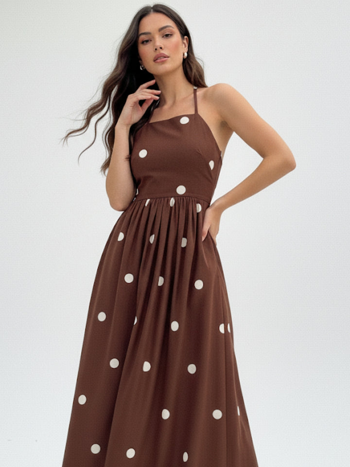 Brown Polka Printed Flared Dress