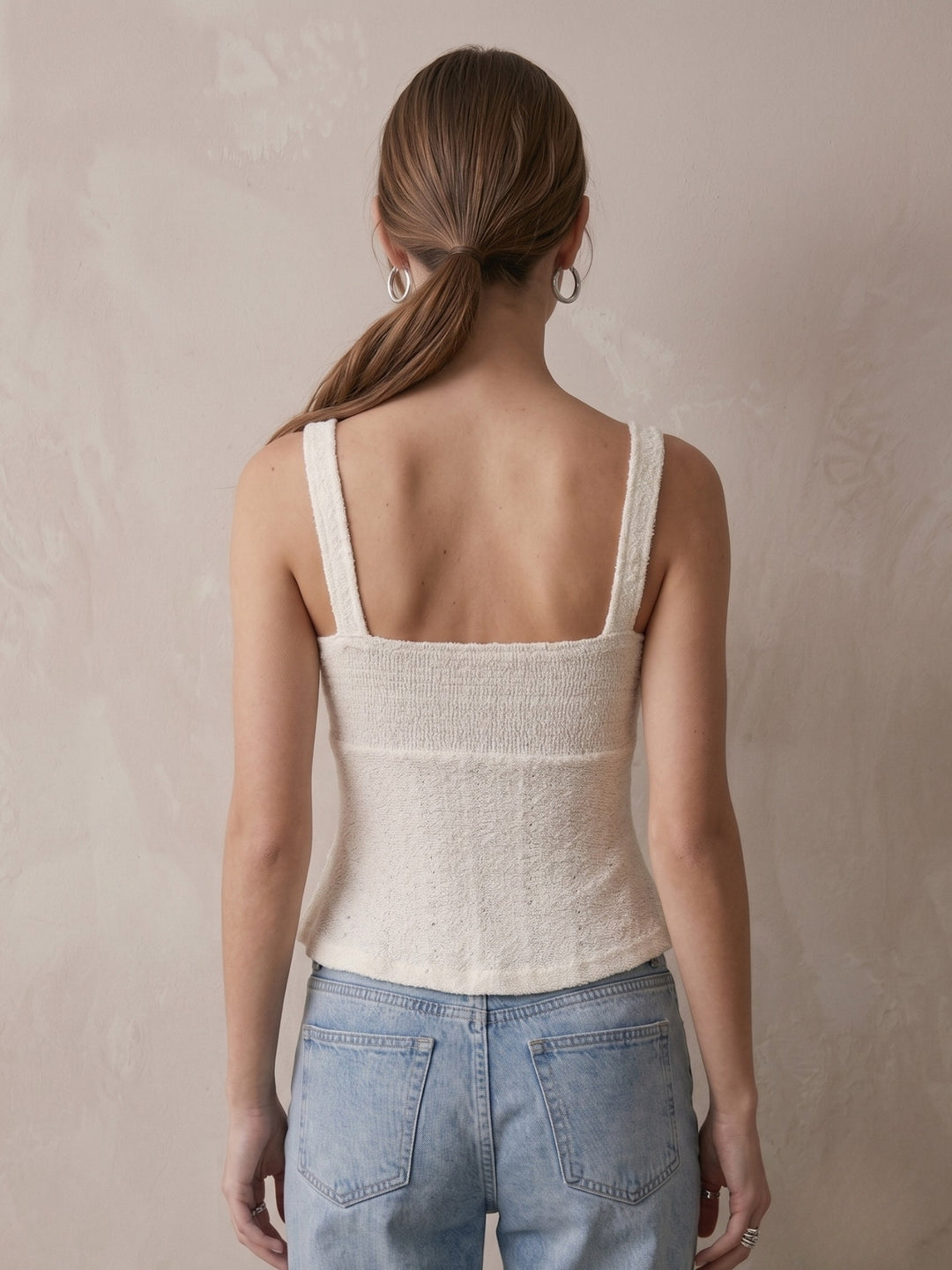 Cream Textured Tank Top With Keyhole Neck Tie Up Detail