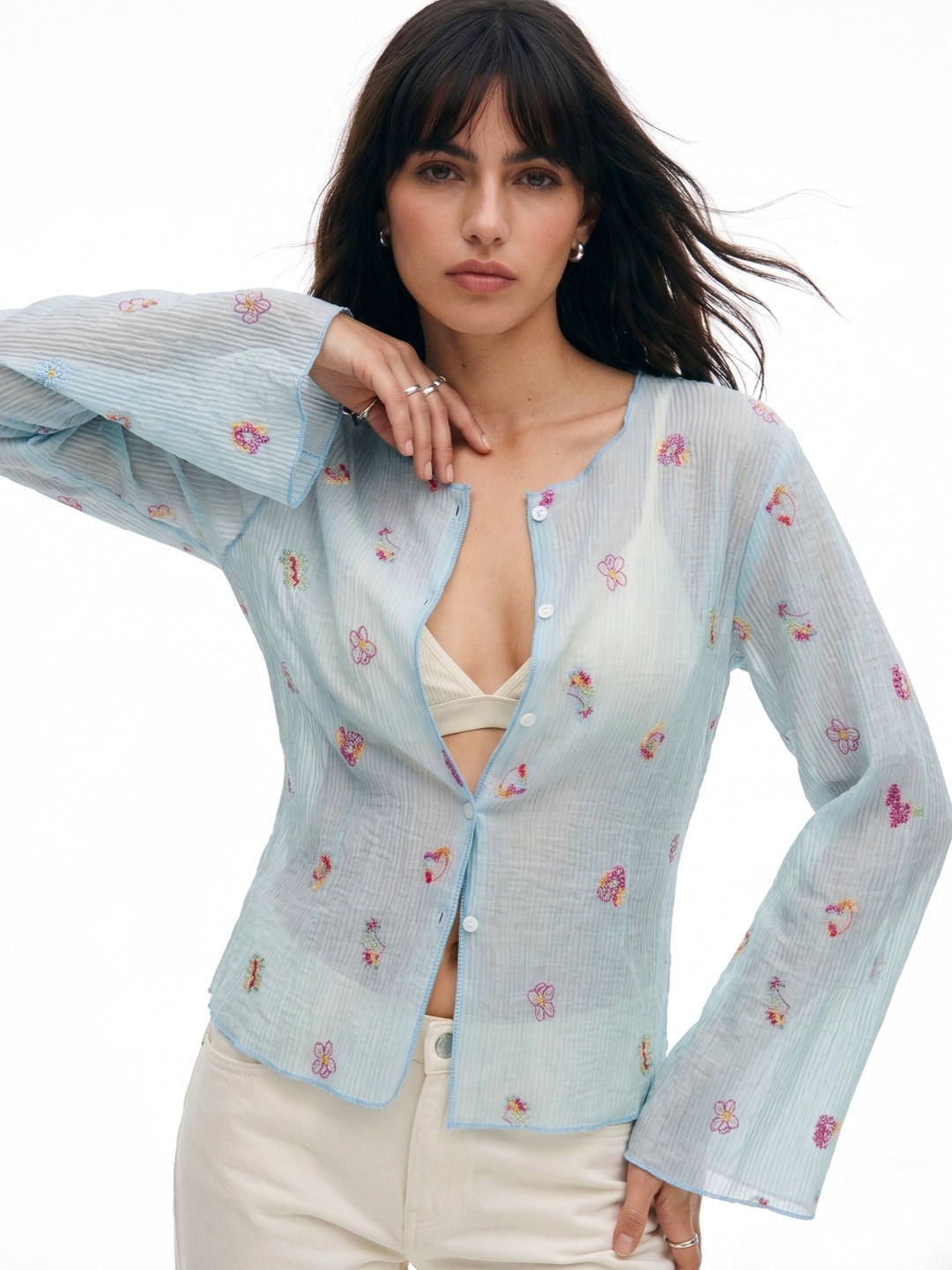 Blue Full Sleeve Front Buttoned Printed Top