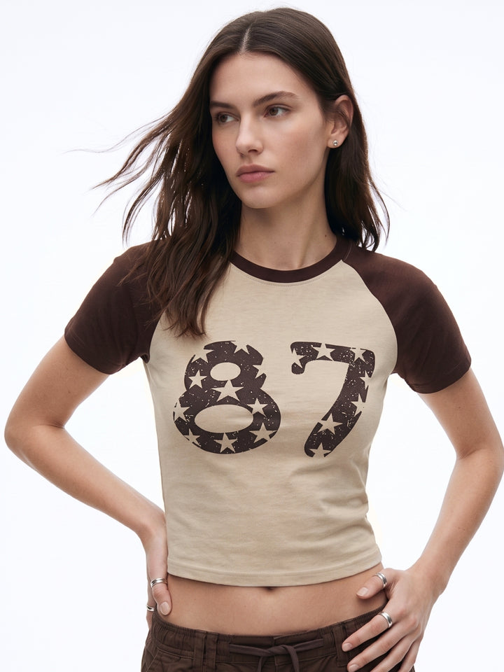Brown Contrast Raglan Sleeved Graphic T-Shirt