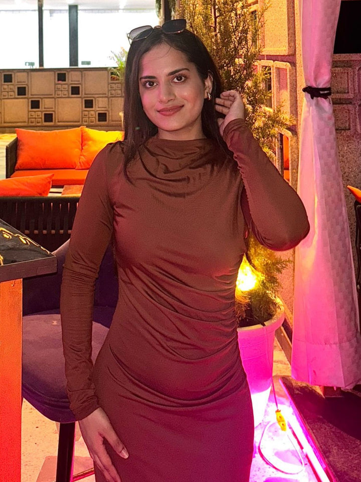 Solid Brown Side Ruched Dress