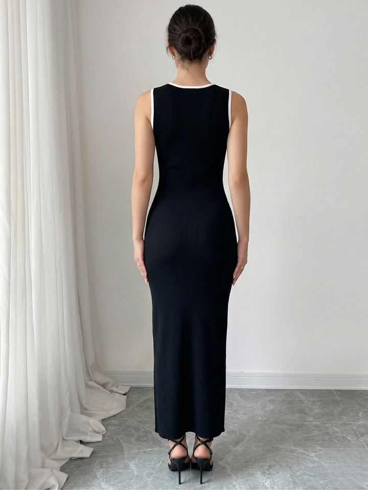 Black Sleeveless Contrast Edge Slit Dress