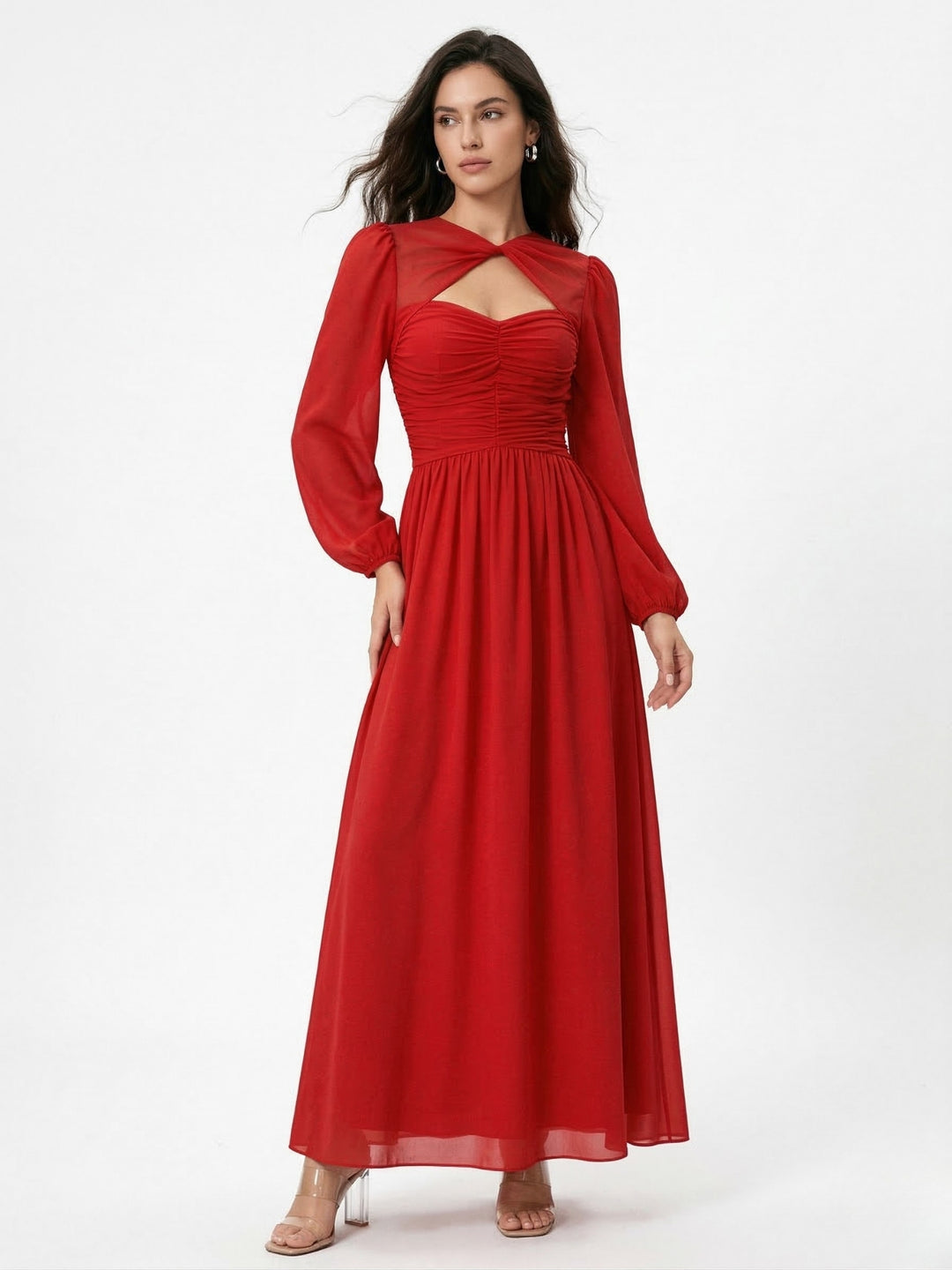 Red Bishop Sleeve Neck Cut-Out Dress