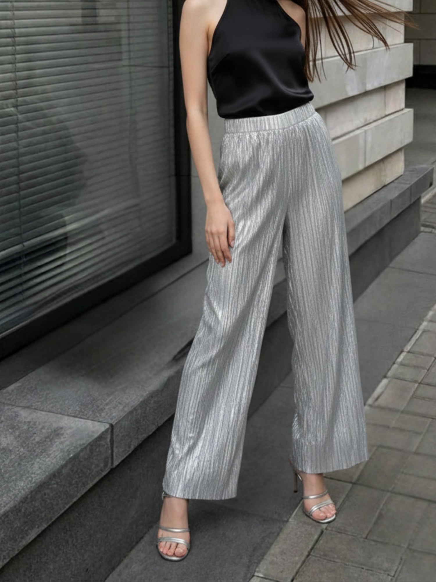 Silver Metallic Texture Wide Leg Pant