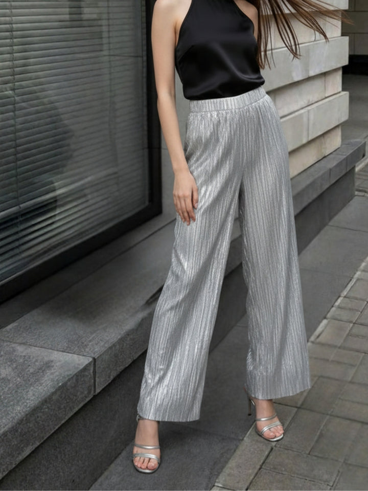 Silver Metallic Texture Wide Leg Pant