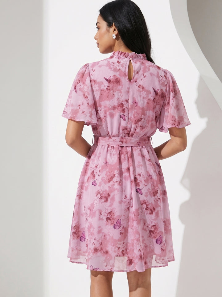 Pink Short Sleeve Mock Neck Printed Dress