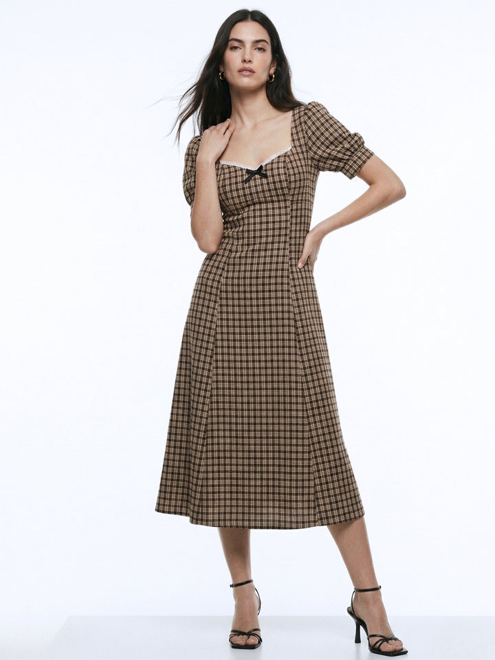 Brown Sweetheart Neckline Checkered Dress