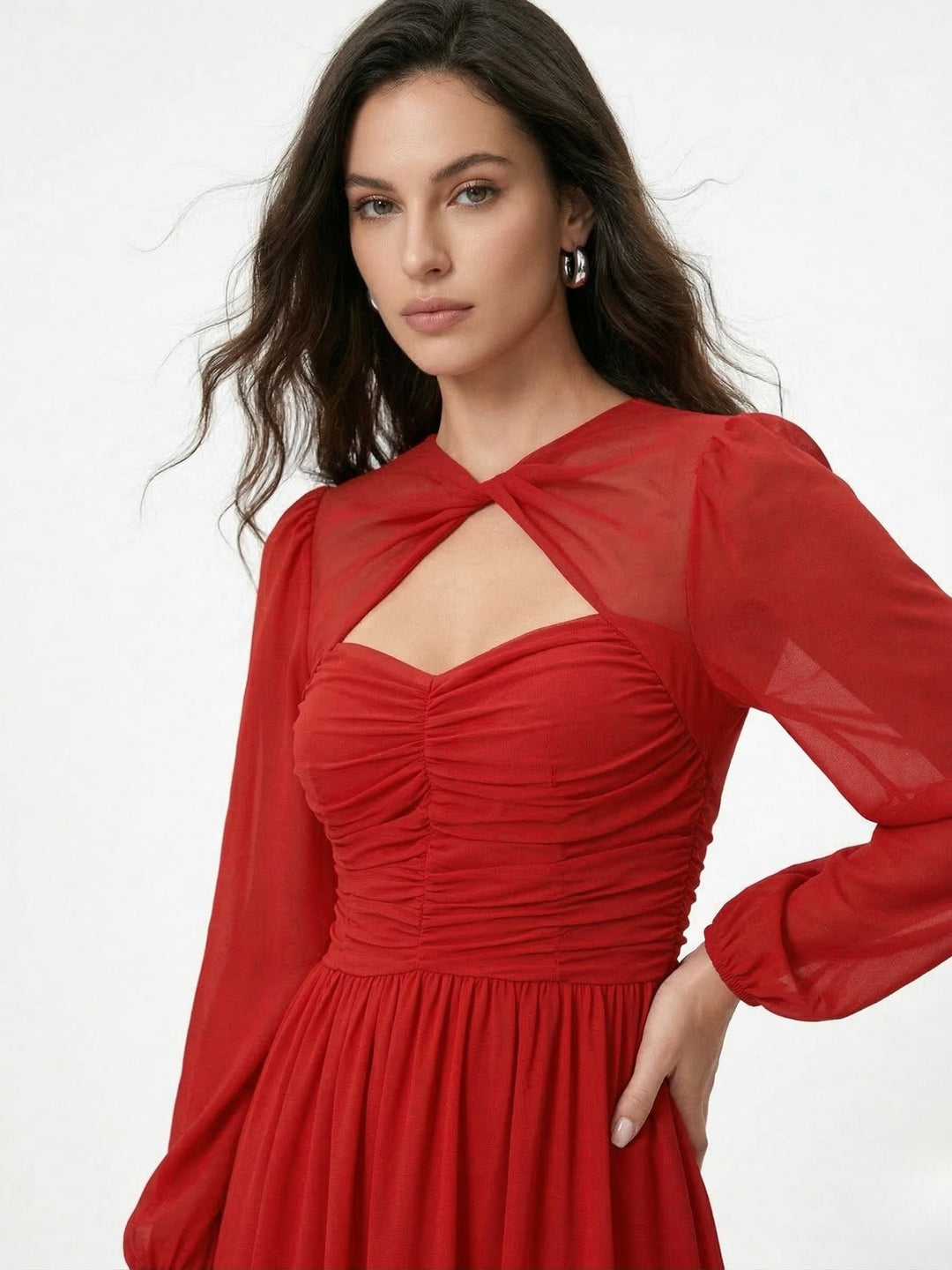 Red Bishop Sleeve Neck Cut-Out Dress