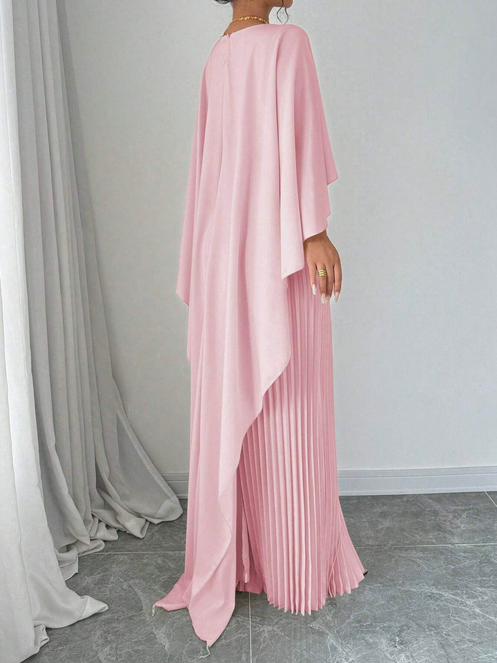 Pink Crew Neck Coverup Pleated Dress