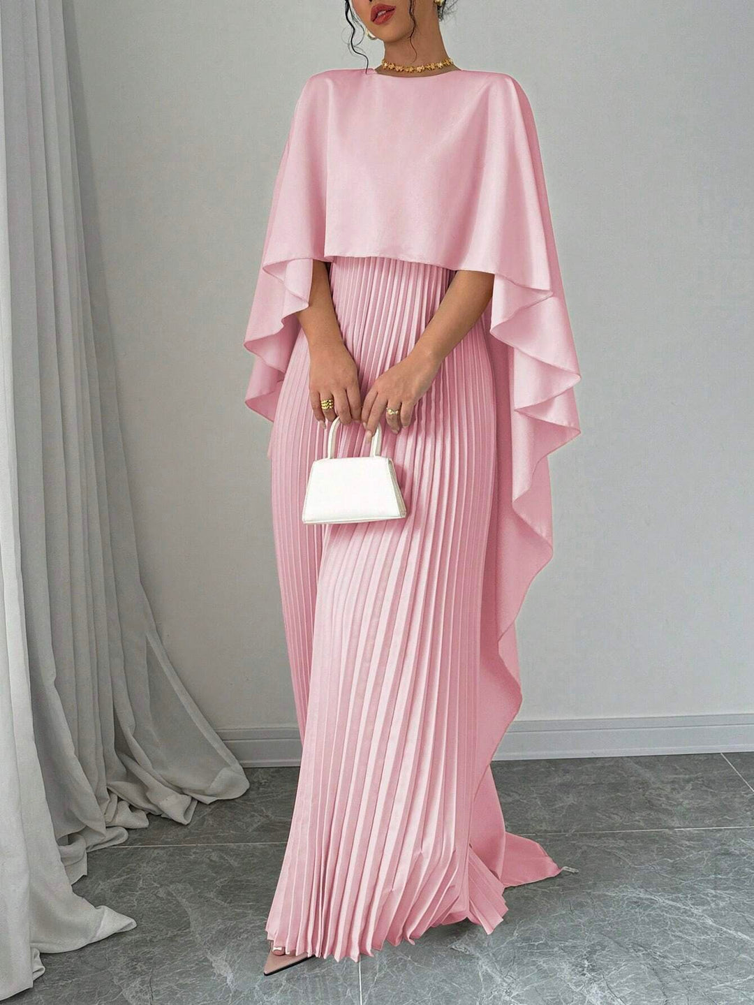 Pink Crew Neck Coverup Pleated Dress