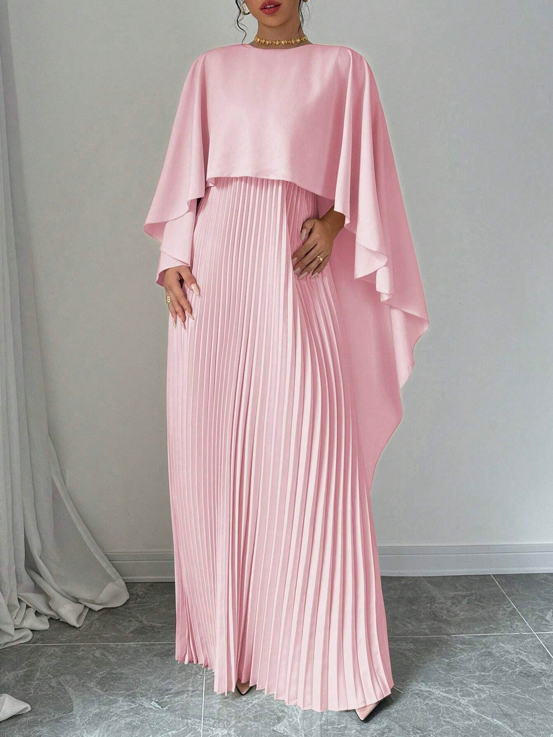 Pink Crew Neck Coverup Pleated Dress