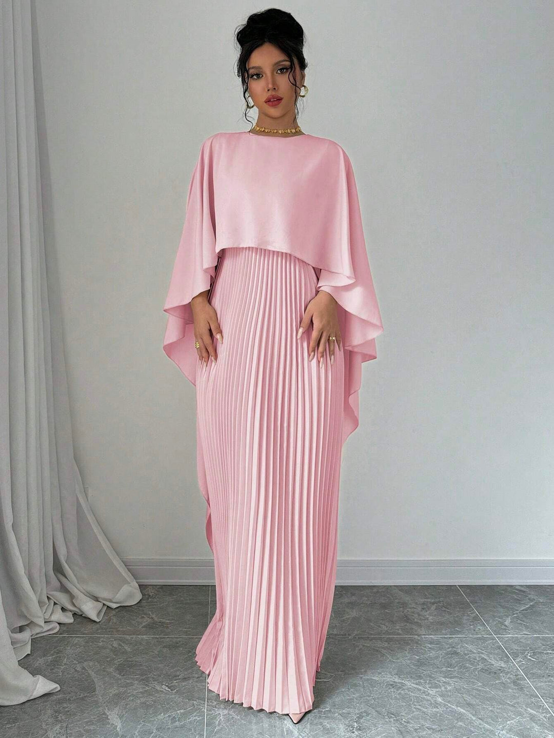 Pink Crew Neck Coverup Pleated Dress