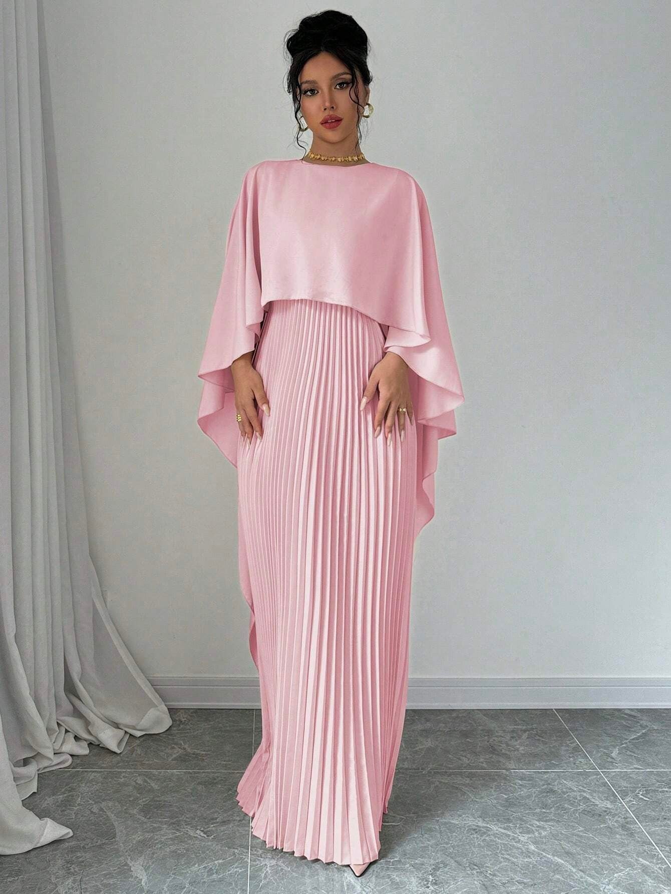 Pink Crew Neck Coverup Pleated Dress