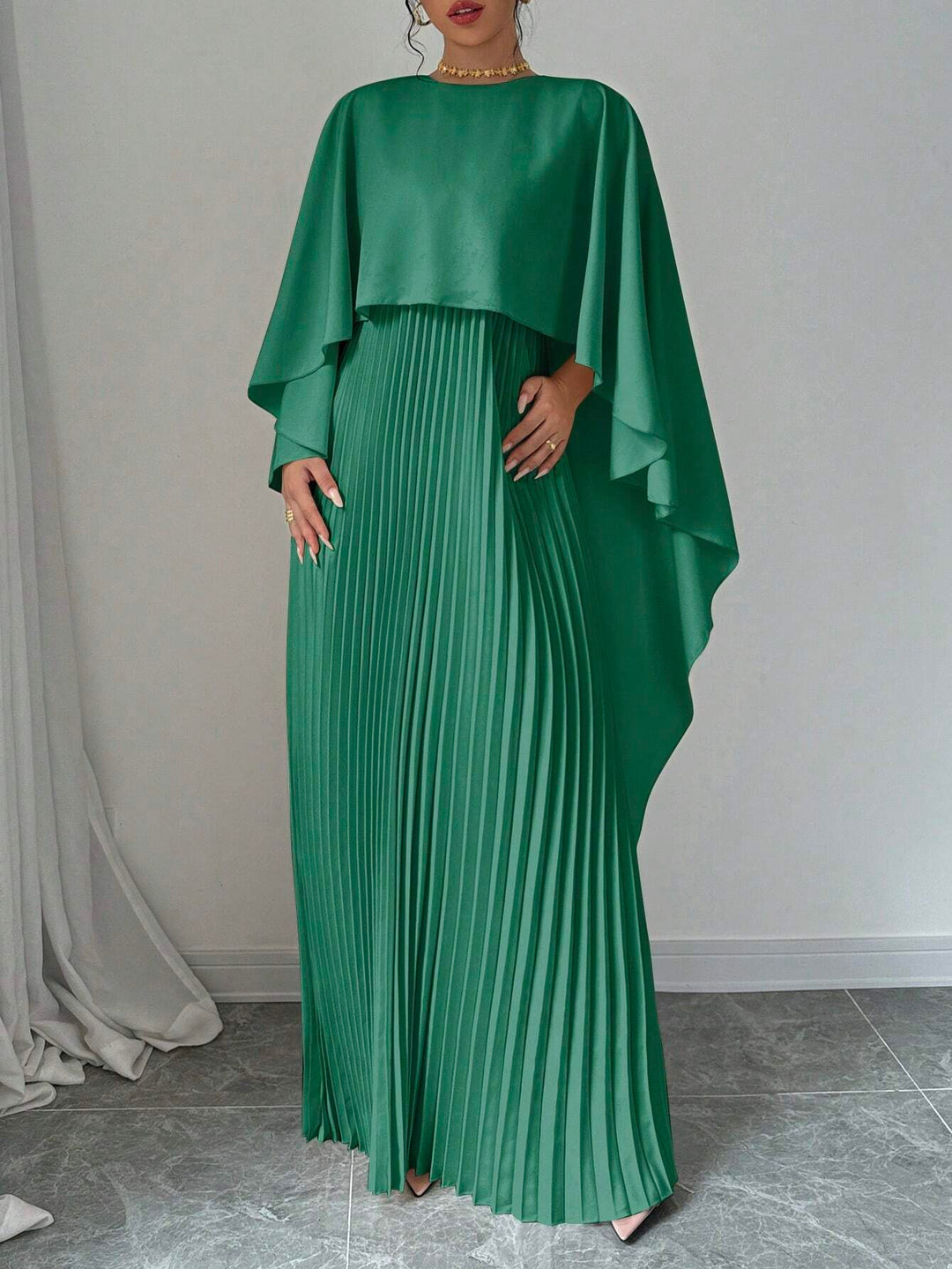 Green Crew Neck Coverup Pleated Dress