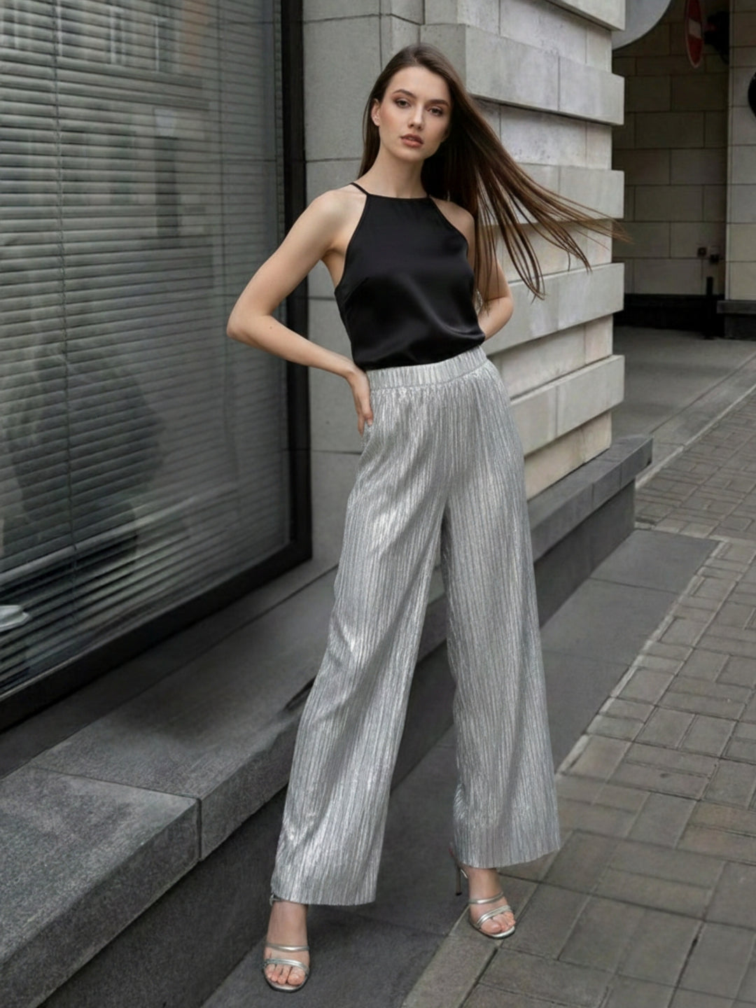 Silver Metallic Texture Wide Leg Pant