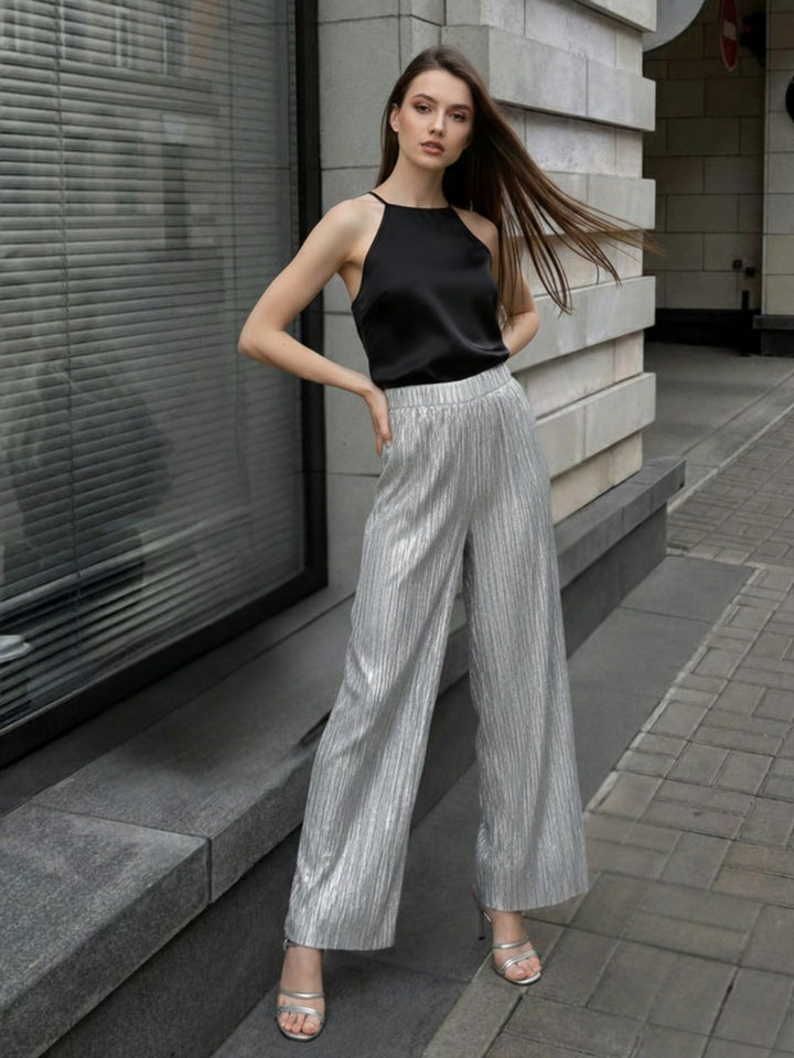 Silver Metallic Texture Wide Leg Pant