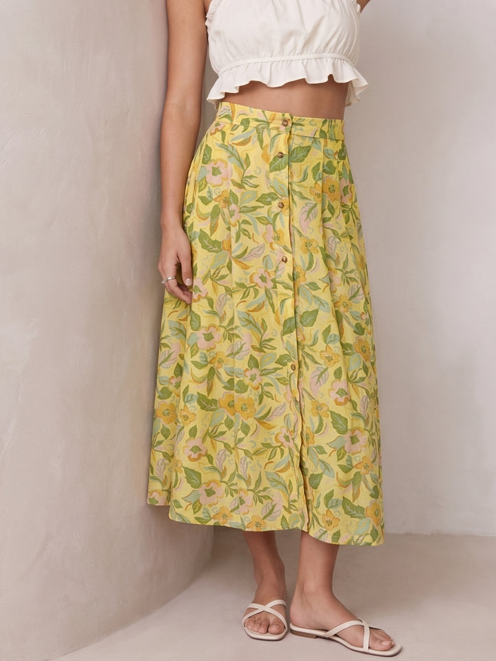 Yellow Front Buttoned Printed Flared Skirt