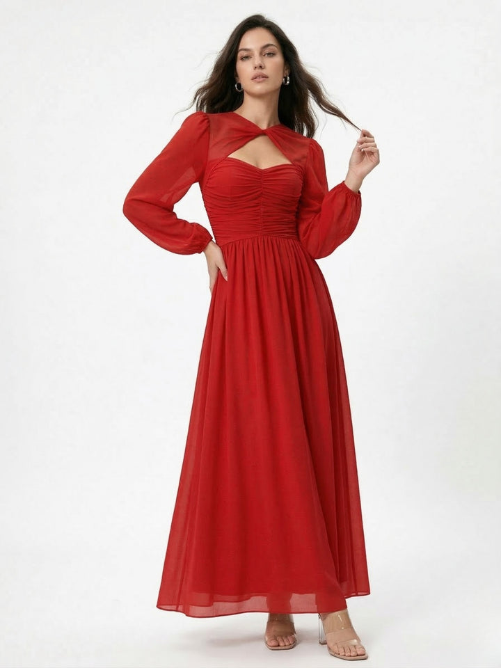 Red Bishop Sleeve Neck Cut-Out Dress