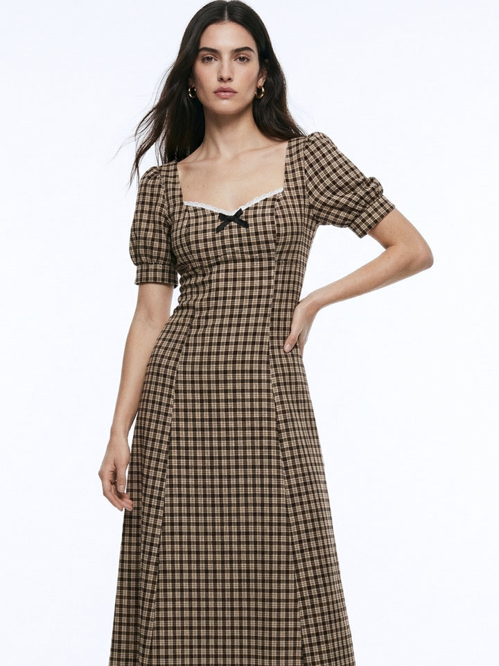 Brown Sweetheart Neckline Checkered Dress