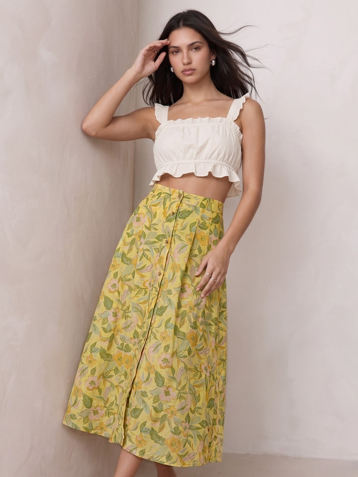 Yellow Front Buttoned Printed Flared Skirt